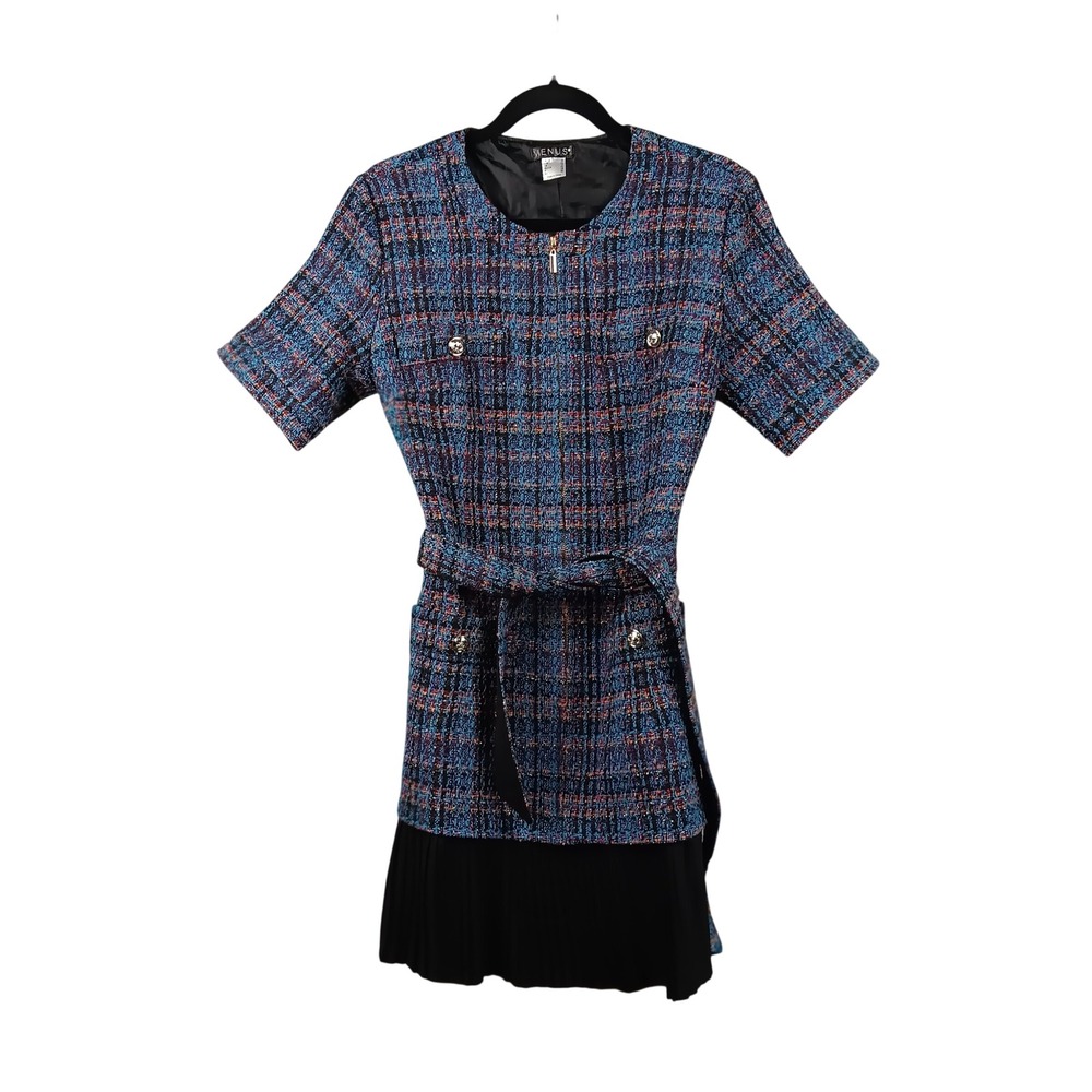Venus‎ Plaid Tweed Belted Dress Short Sleeve Black Pleated Skirt Size 10